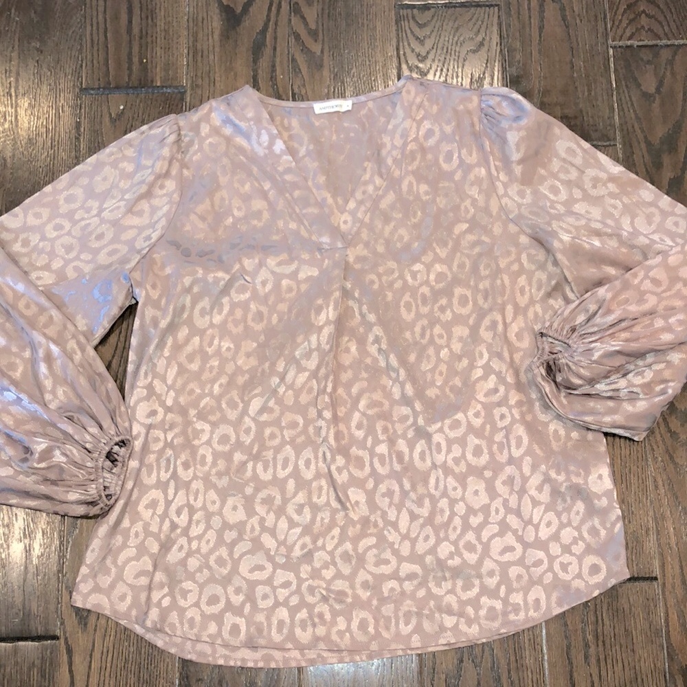 Andthewhy tan leopard print long sleeve silky top size medium